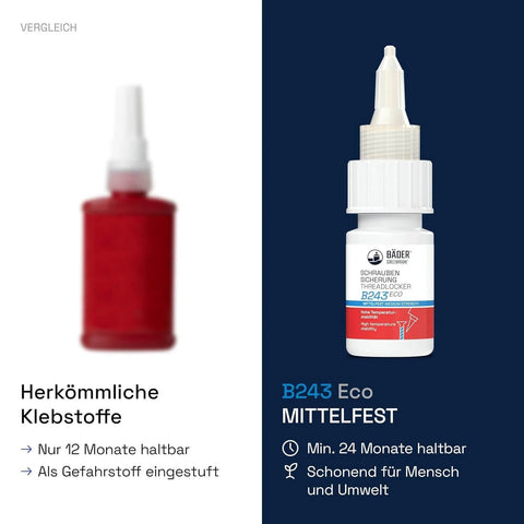 Comparison of red adhesive bottle and medium strength blue thread lock for all metals and large threads 10ml bottle.