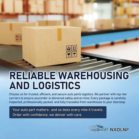 Box on conveyor in warehousing, showing reliable logistics for auto parts delivery and safe handling.