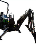 Beast Workhorse 3 Point Hitch Backhoe For Tractors With 9 ft Digging Depth 180 Degree Swing Two Buckets 10 Inch And 15 Inch Cat 1 And Cat 2 Linkage Hydraulic Thumb Upgrade New In Box attached to tractor in side view