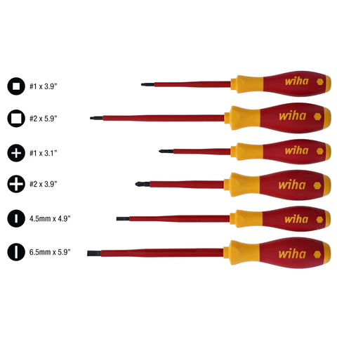 Insulated Slotted Phillips And Square Screwdriver Set 6 Piece With Soft Finish Cushioned Grip Handle arranged side by side