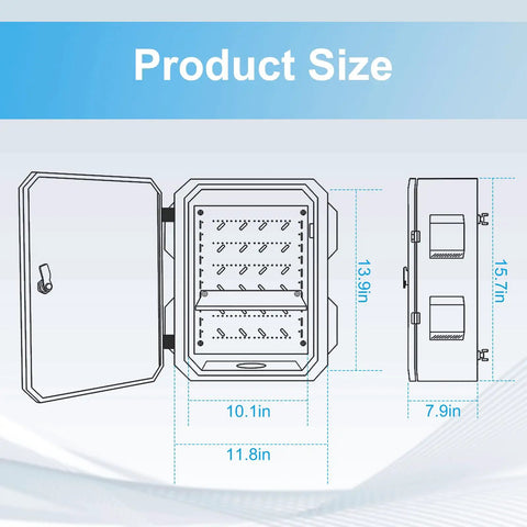 Rugged Outdoor Electrical Box With Thermostat And Fan For Real Weatherproof Protection, dimensions displayed, IP65 rated