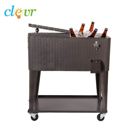 80 Quart Rolling Cooler Ice Chest Cart For Outdoor Parties And Backyard Barbecues Dark Brown Wicker Faux Rattan Tub Trolley With Wheels Shelf And Bottle Opener Portable Beverage Station For Patio And Deck.