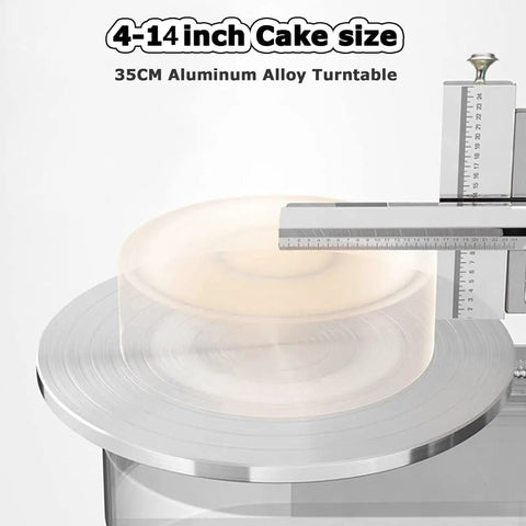 Top Shelf Buttercream Smoothing Machine With 35CM Adjustable Turntable And Thin Metal Blade To Pull Off Straight Fire Cake Decoration For Any Sized Sweet Treat Celebration showing 35CM aluminum alloy turntable with cake size ruler.