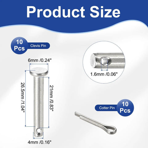 Rock Solid M4x25mm Clevis Pins With 304 Stainless Steel Cotter Pins sizes shown, includes 10 clevis and cotter pins for trailers.