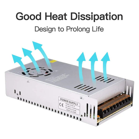 Beefy 30A 360W 12V DC Power Supply Universal Switch Mode Converter with heat dissipation design shown from top angle.