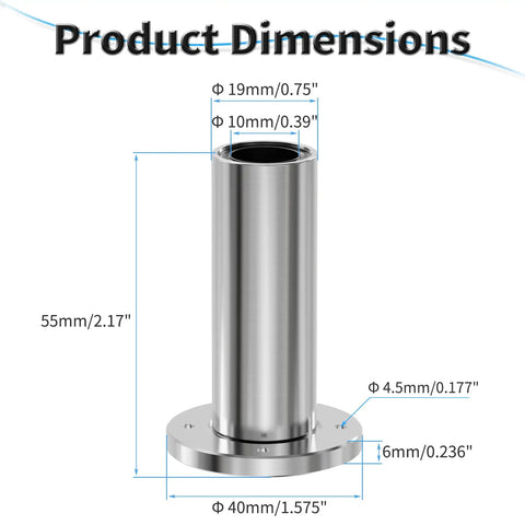 Product dimensions of Two Pack LMF10LUU Round Flange Linear Ball Bearings showing sizes and specifications.