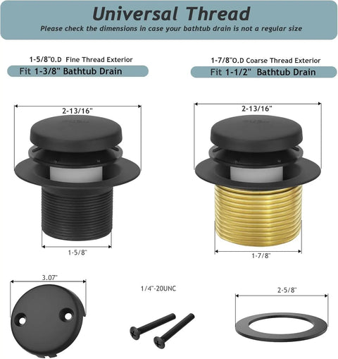 No Sweat Matte Black Bathtub Drain Kit With Two Hole Overflow Plate shown with fine and coarse thread components for easy installation.