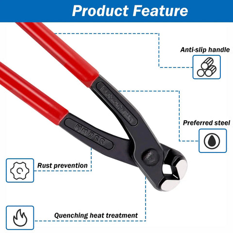 Close-up view of 9 Inch Hose Clamp Pliers Crimping Tool Workhorse with anti-slip red handle and carbon steel construction.