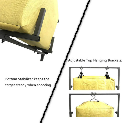 Adjustable Archery Target Stand for Bag Targets and Foam Blocks with Four Hanging Points shown with stabilizer and hooks