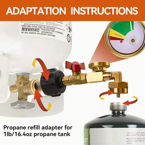 Upgraded Propane Refill Adapter With Valve And Gauge, Solid Brass QCC1 Refill Elbow installed on propane tank
