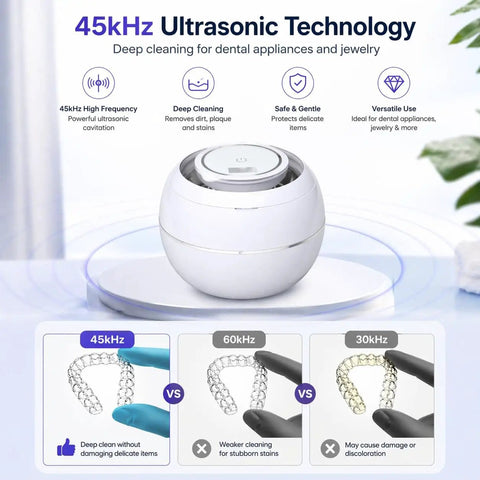 Ultrasonic Retainer Cleaner Machine With 3 Retainer Cleaning Tablets, 45kHz Dental Pod, deep cleaning display and benefits