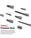 Master Bit Socket Set 88 Piece Advanced Series With Beefy S2 Steel Bits scattered to show variety and premium steel quality