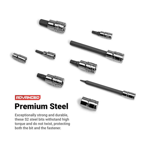 Master Bit Socket Set 88 Piece Advanced Series With Beefy S2 Steel Bits scattered to show variety and premium steel quality