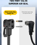 Universal Presta And Schrader Valve Adapter With 200 PSI Pressure Gauge Dual Port Inflator Hose close-up showing air seal and dual port