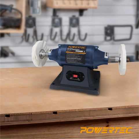 6 Inch Bench Buffer Polisher For Metal Jewelry Knives Wood Jade And Plastic on workbench in workshop setting