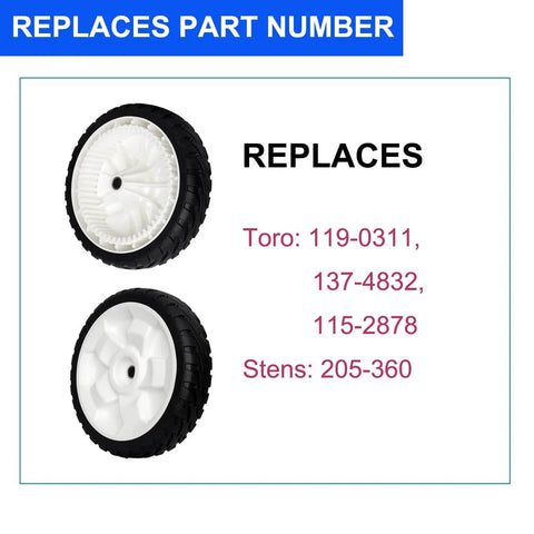 8 Inch Front Drive Wheels Replacement Set of 2 For Lawn Mower Replaces 119-0311 137-4832 115-2878 Stens 205-360 shown with part numbers