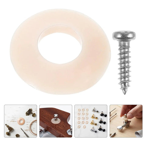 Cool Wakauto 20 Pack Guitar Tuner Washer Kit With Screws For Acoustic Guitars And Ukuleles To Stop Headstock Slippage And Secure Mounting Smooth Easy Install Durable Plastic And Metal Build. White washer and screw kit for guitar tuner mounting.