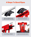 4 steps to use the VEVOR 12 Ton Hydraulic Pipe Bender Manual Copper Tube Bending Machine with rollers and die setup.
