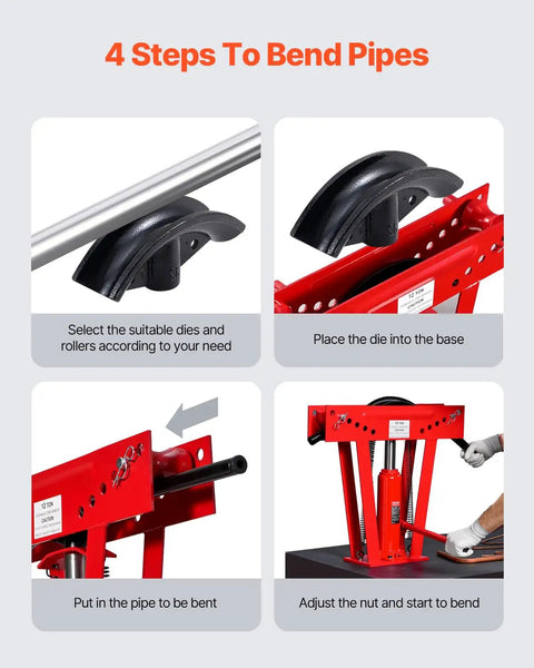 4 steps to use the VEVOR 12 Ton Hydraulic Pipe Bender Manual Copper Tube Bending Machine with rollers and die setup.