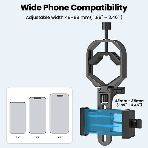 Universal Phone Mount Adapter For Spotting Scopes And Telescopes With 3 Axis Precision Alignment And Z Axis Fine Tuning, adjustable 48-88mm width