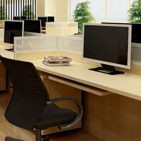 Heavy Duty Adjustable Underdesk Keyboard Slide Rail With Non Slip Skid Side Mount 35 Key Computer Drawer Track Quick Install For A Badass Dope Workspace Flex in a modern office setup with computer.