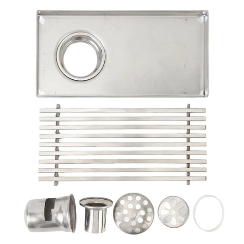 Oreilet Linear Shower Drain Bathroom Floor Drain with Hair Catcher (Side) showing stainless steel components and hair catcher accessories.