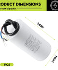 70uF Motor Run Capacitor For 450V AC Systems, round cylindrical metallized polypropylene film with two leads, dimensions labeled