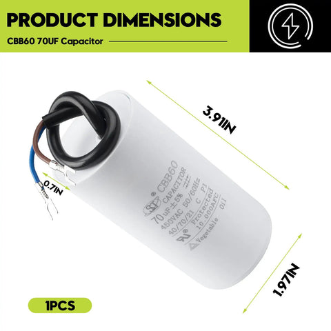 70uF Motor Run Capacitor For 450V AC Systems, round cylindrical metallized polypropylene film with two leads, dimensions labeled