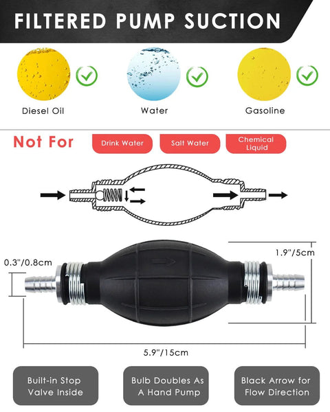 Gasoline siphon pump with black hand bulb and metal hose fittings, includes two PVC transfer hoses