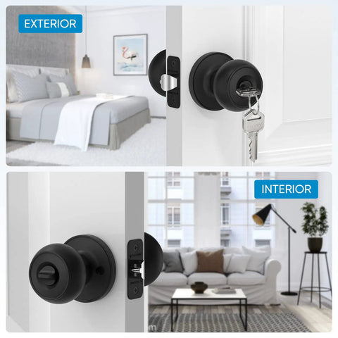 Matte Black Round Door Knob Set With Deadbolt For Indoor Doors, 5 Pack, Keyed Entry And Keyed Alike, ball style and reversible latch.