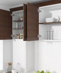 30 Pack Heavy Duty Full Overlay Soft Close Cabinet Hinges Going Like A Dream With 105 Degree Stay At Will Feature and cabinet doors open, showcasing shelves.