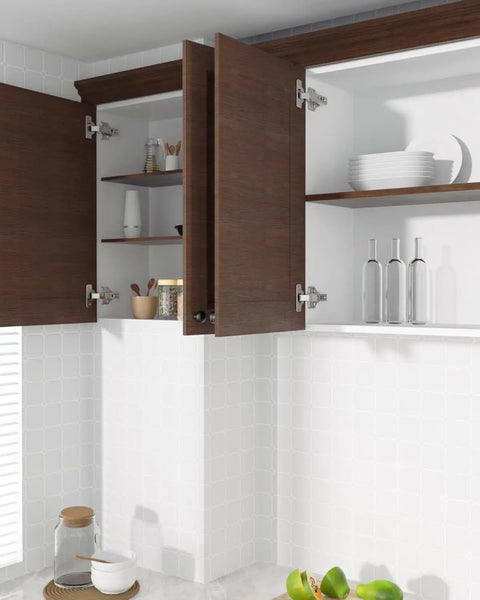30 Pack Heavy Duty Full Overlay Soft Close Cabinet Hinges Going Like A Dream With 105 Degree Stay At Will Feature and cabinet doors open, showcasing shelves.