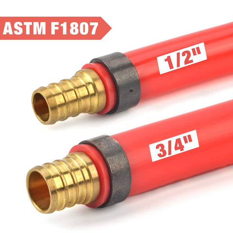 All-In-One PEX Crimp Tool Kit For One Half And Three Quarter Inch Copper Crimp Rings, red PEX tubing with brass fittings