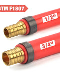 ASTM F1807 standard red PEX piping with 1/2 in and 3/4 in copper crimp rings for Angle PEX Crimp Tool For 1/2 In And 3/4 In Copper Crimp Rings And Barbed Fittings Includes Tubing Cutter And Go No Go Gauge Easy Pro Level PEX Plumbing Setup Meets ASTM F1807 Standard
