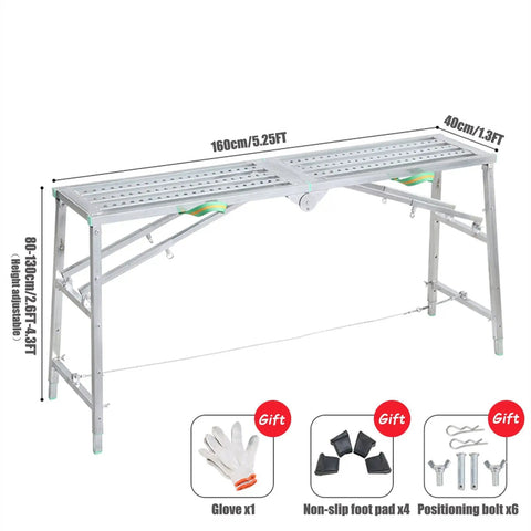 Portable Folding Scaffolding System With Multipurpose Work Platform Scaffold Tower Ladder Stool And Work Bench Galvanized Steel Construction 882 Lb Load Rating No Assembly Required 5.25 Ft Tall displayed folded with accessories