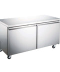 Super Roomy Sixty Inch Undercounter Upright Freezer With Fifteen Point Seven Cubic Feet Cold Storage Durable Frost Free Automatic Defrost Badass Stainless Steel Finish Dual Self Closing Doors And Smart Digital Controls, two-door design on wheels.