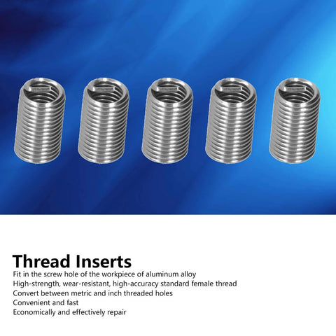 100 Pack M6 X 1 Thread Repair Inserts Stainless Steel Metric Thread Sleeves for Damaged Holes, display of five metal inserts