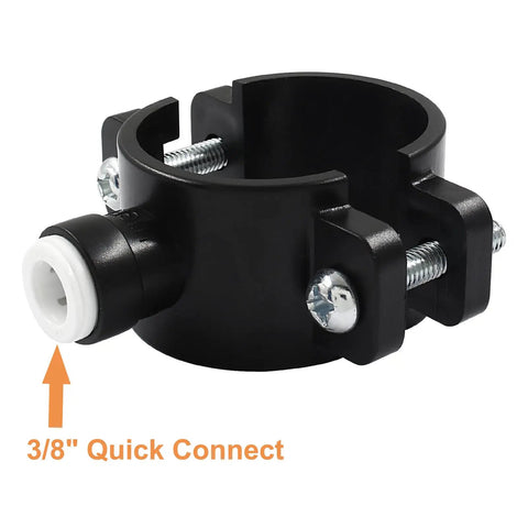 Drain Saddle Valve with Quick Connect Clamp for under sink water filtration, 3/8 inch plastic hose pipe adapter, black clamp