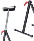 Heavy Duty Adjustable Roller Stand 2 Pack Folding Steel Work Support with roller and red release handle.
