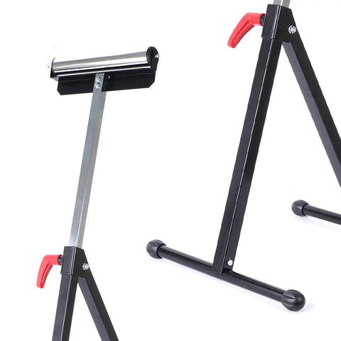 Heavy Duty Adjustable Roller Stand 2 Pack Folding Steel Work Support with roller and red release handle.