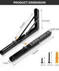 Rugged Matte Black Folding Shelf Brackets, 12 Inch Wall Mounted Hardware For Garage And Workshop dimensions labeled on an image.
