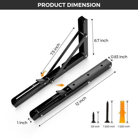 Rugged Matte Black Folding Shelf Brackets, 12 Inch Wall Mounted Hardware For Garage And Workshop dimensions labeled on an image.