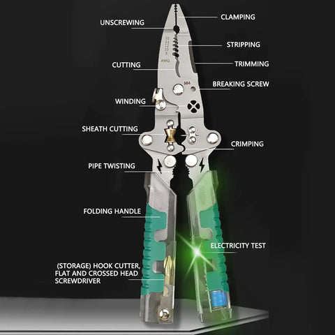 Aramox 10-In-1 Folding Wire Stripper Pliers Made Of Crv Steel For Awg 4 To 20 With Voltage Tester And Crimping Tool, multi-tool with various functions.