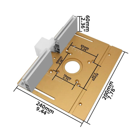 Premium Aluminum Router Table Insert Plate With Center Hole Bushing For Dead On Woodworking Trimmer Mounting and Hassle Free DIY Milling Flip Plate dimensions 240x200mm