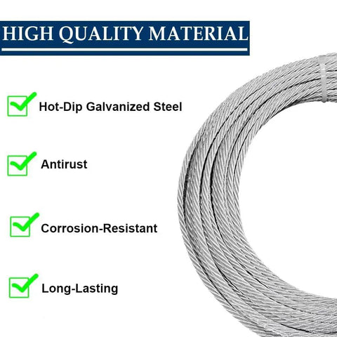 Coiled heavy-duty galvanized steel wire rope showcasing material qualities: hot-dip, antirust, corrosion-resistant, and long-lasting.