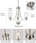 Dope 3 Light Modern Chandelier in Brushed Nickel with Clear Glass Shades, shown with dimensions and details of metal body and glass lampshade.