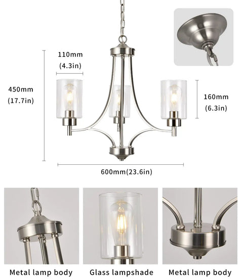 Dope 3 Light Modern Chandelier in Brushed Nickel with Clear Glass Shades, shown with dimensions and details of metal body and glass lampshade.