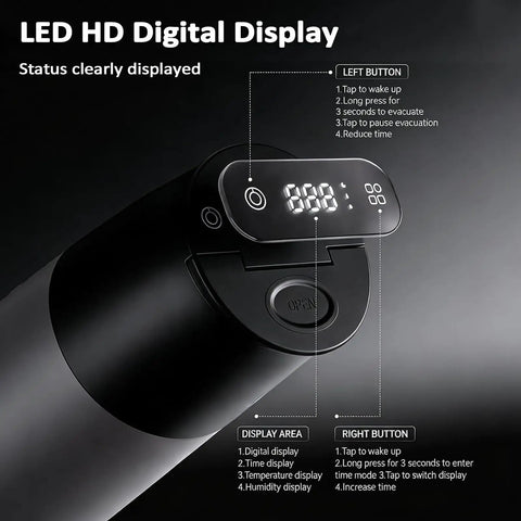 LED HD digital display with buttons on a vacuum coffee bean storage container for monitoring temperature and humidity.