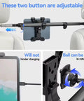 Rock Solid Rear Headrest Tablet Mount For Tesla Cybertruck showing adjustable buttons and 360° rotation for device stability.
