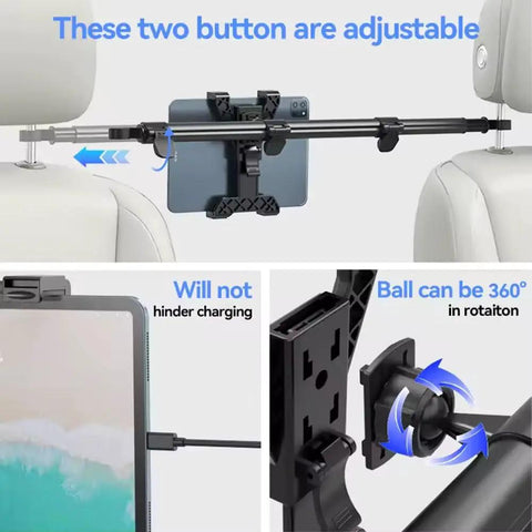 Rock Solid Rear Headrest Tablet Mount For Tesla Cybertruck showing adjustable buttons and 360° rotation for device stability.